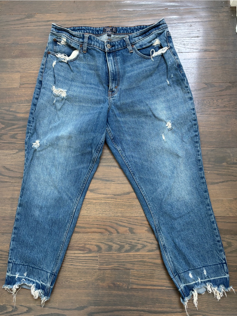 Abercrombie & Fitch Distressed Dark Blue High Rise Mom Jeans Frayed Edges